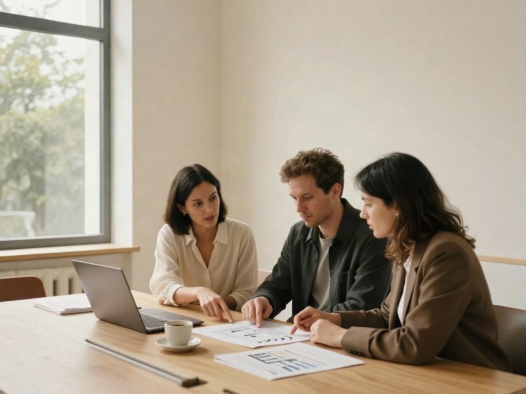 Consultants collaboratively reviewing business performance data around a meeting table