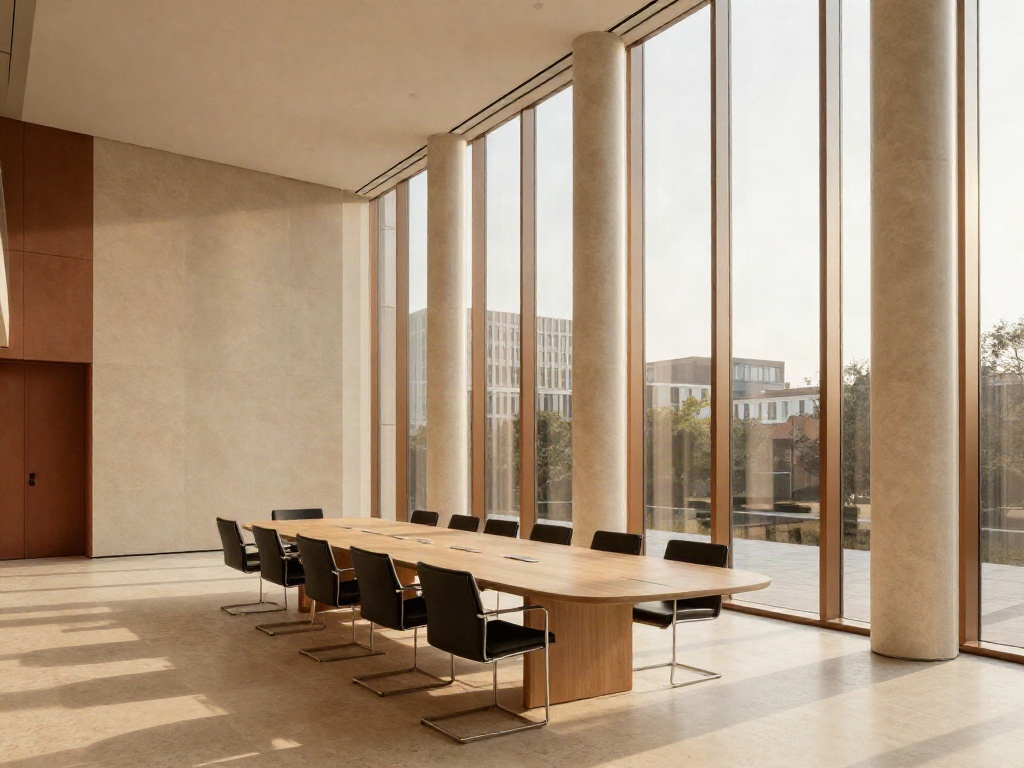 Sunlit contemporary boardroom with an open view across the city